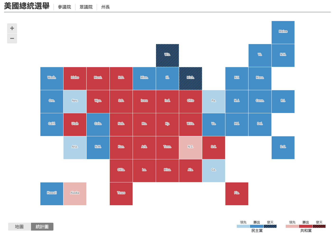 路透社美國大選開票頁面示意地圖